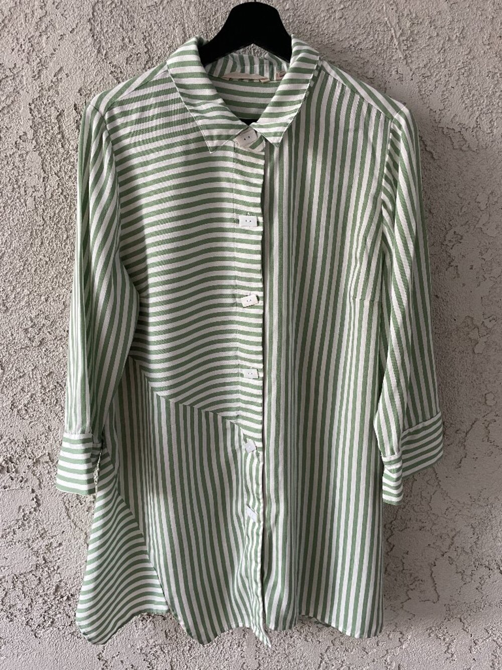 Soft Surroundings Green White Striped Lyocell Button Down Tunic Top Large